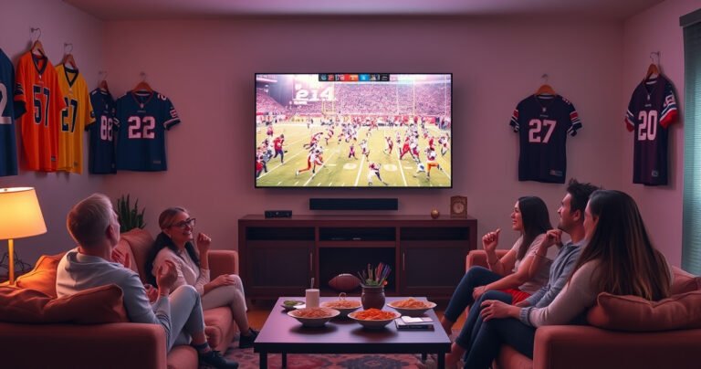 A vibrant living room scene with a large flat-screen TV displaying an intense NFL game, colorful jerseys hanging on the walls, snacks spread across a coffee table, and friends cheering together on a cozy couch, all illuminated by the warm glow of the TV, capturing the excitement of game day.