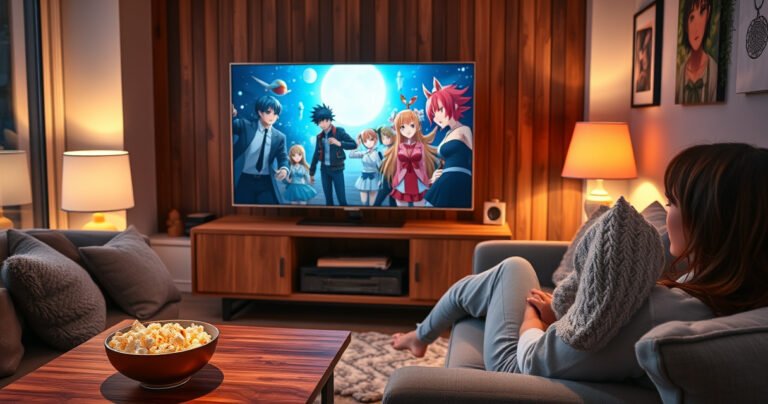 A cozy living room featuring a sleek Samsung TV displaying vibrant anime characters from Crunchyroll, surrounded by plush cushions and a warm glow from a nearby lamp. A bowl of popcorn rests on a wooden coffee table, while a captivated viewer lounges on a comfortable sofa, embodying the perfect weekend binge-watching atmosphere.