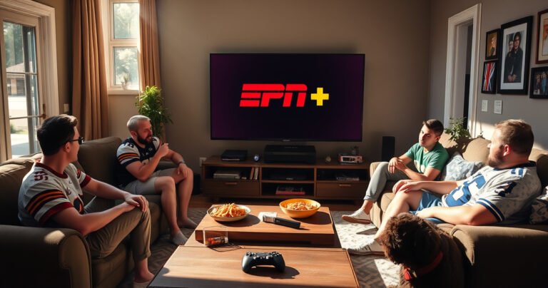 A cozy living room with a large flat-screen TV displaying vibrant ESPN Plus logos, surrounded by comfortable couches and snacks. Sunlight filters through the window, illuminating excited fans wearing jerseys, eagerly discussing sports. A remote control rests on a coffee table, while a dog lounges nearby, creating a warm, inviting atmosphere perfect for game day.