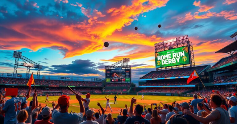 A vibrant baseball stadium under a twilight sky, filled with excited fans waving colorful banners. Players in dynamic poses, swinging bats, with baseballs soaring into the glowing sunset. The scoreboard illuminates the scene, showcasing the words “Home Run Derby”. Popcorn and drinks in hand, the crowd's energy is palpable, creating a thrilling atmosphere of anticipation.