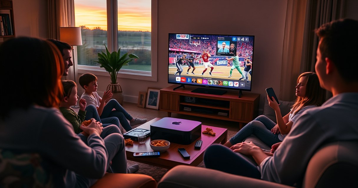 A cozy living room scene featuring a sleek Apple TV displaying vibrant live sports, surrounded by a family enjoying snacks on a plush couch. Warm lighting enhances the inviting atmosphere, with a coffee table scattered with remotes and a smartphone showing a streaming app. A window reveals a sunset outside, adding a touch of tranquility.
