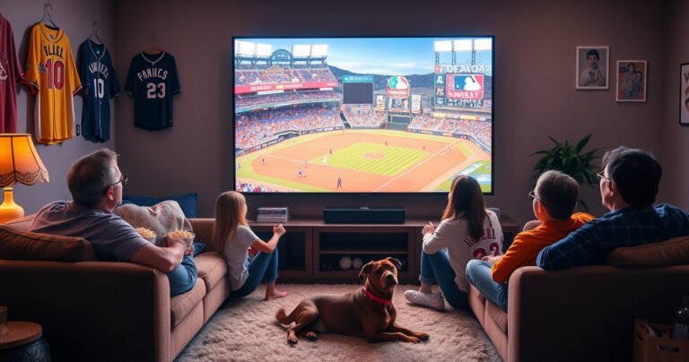 A cozy living room scene with a family gathered around a large TV, excitedly watching a vibrant MLB baseball game. Bright team jerseys hang on the walls, popcorn bowls overflow, and a small dog lounges at their feet, all under warm, inviting lighting that captures the thrill of game day.