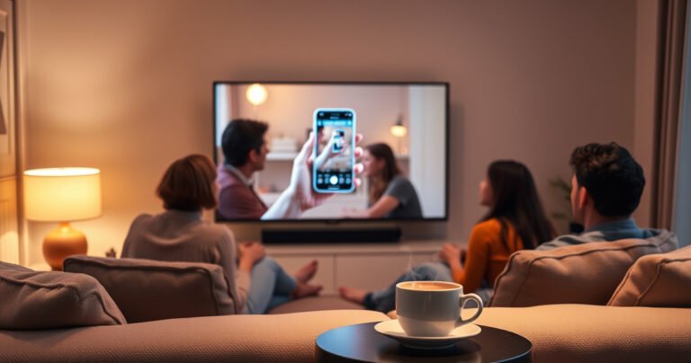 A cozy living room setting featuring a modern flat-screen TV displaying a smartphone screen, surrounded by a family gathered on a plush sofa. Soft ambient lighting creates a warm atmosphere, with a steaming cup of coffee on a side table and playful reflections on the TV screen, illustrating the concept of screen mirroring.