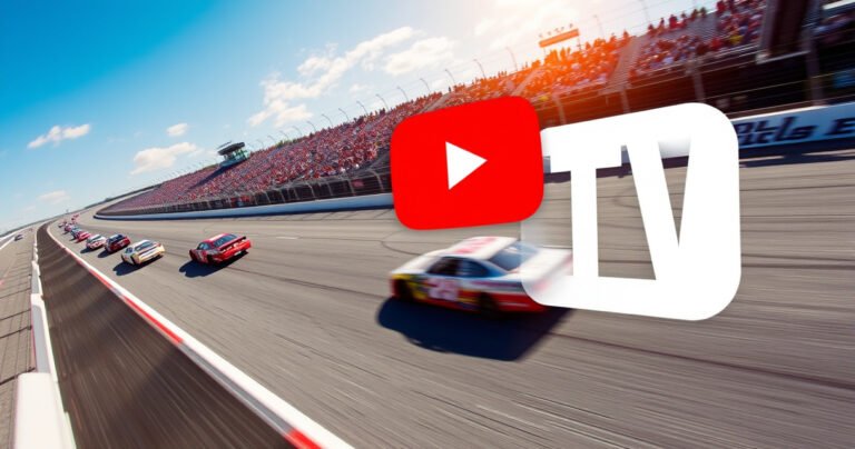 A vibrant racetrack under a clear blue sky, cars speeding by with colorful sponsorships, cheering crowds waving flags, and a large YouTube TV logo prominently displayed in the foreground, capturing the excitement and energy of NASCAR racing, with dynamic motion blur emphasizing the speed and thrill of the sport.
