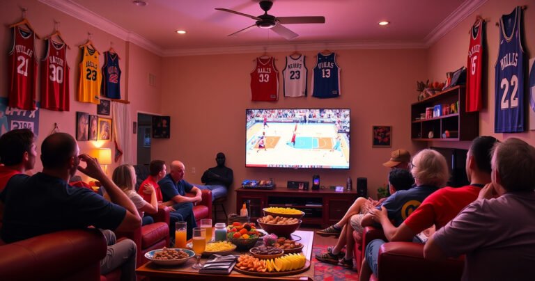 A vibrant living room scene filled with excited fans watching a basketball game on a large screen, colorful snacks spread on a table, jerseys hanging on the walls, and a glowing TV displaying a thrilling NBA playoff moment, capturing the energy and anticipation of the game night atmosphere.