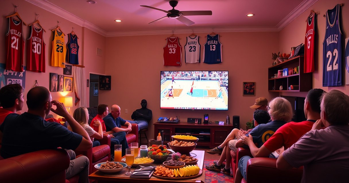 A vibrant living room scene filled with excited fans watching a basketball game on a large screen, colorful snacks spread on a table, jerseys hanging on the walls, and a glowing TV displaying a thrilling NBA playoff moment, capturing the energy and anticipation of the game night atmosphere.