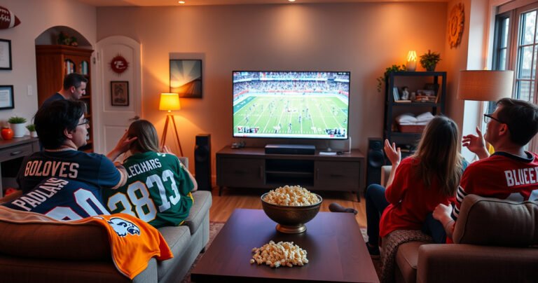 A cozy living room with a large Apple TV displaying an NFL game, colorful team jerseys draped over the couch, a bowl of popcorn on the coffee table, friends cheering with excitement, soft ambient lighting, and a football-themed decor creating a warm, inviting atmosphere perfect for game day.
