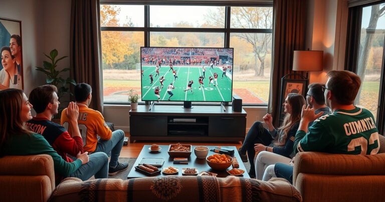 A cozy living room with a large flat-screen TV showing an intense NFL football game, colorful team jerseys draped over a comfortable couch, snacks scattered on a coffee table, and friends gathered, cheering animatedly. Outside the window, a crisp autumn landscape with falling leaves, creating a warm, inviting atmosphere perfect for game day.