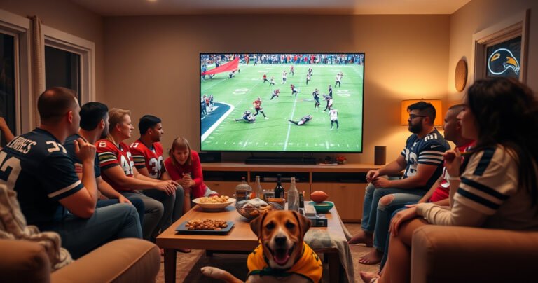 A cozy living room with a large flat-screen TV displaying an NFL game, surrounded by excited fans in team jerseys, snacks spread on a coffee table, warm lighting, and a playful dog lounging on the floor, creating an inviting atmosphere for a football viewing party.