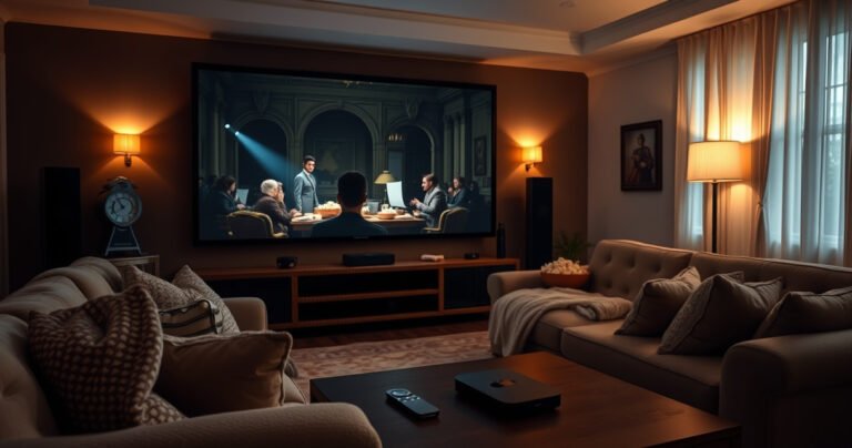 A cozy living room with a large screen displaying a dramatic scene from a historical film, dim lighting casting shadows, plush couches adorned with popcorn bowls, and a soft throw blanket. A vintage clock strikes evening, hinting at a cinematic adventure, while an Apple TV remote lies invitingly on the coffee table.