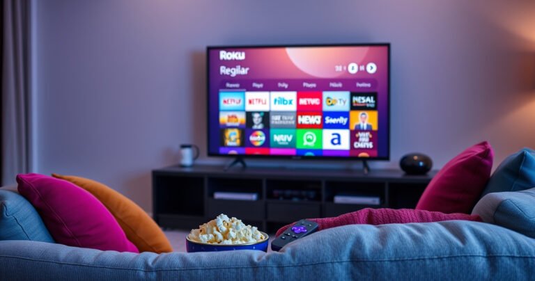 A cozy living room scene with a sleek Roku TV displaying a colorful array of regular TV channels. Soft lighting illuminates a plush sofa adorned with colorful cushions, a bowl of popcorn on the coffee table, and a remote control resting beside it, inviting viewers to enjoy a relaxing movie night at home.