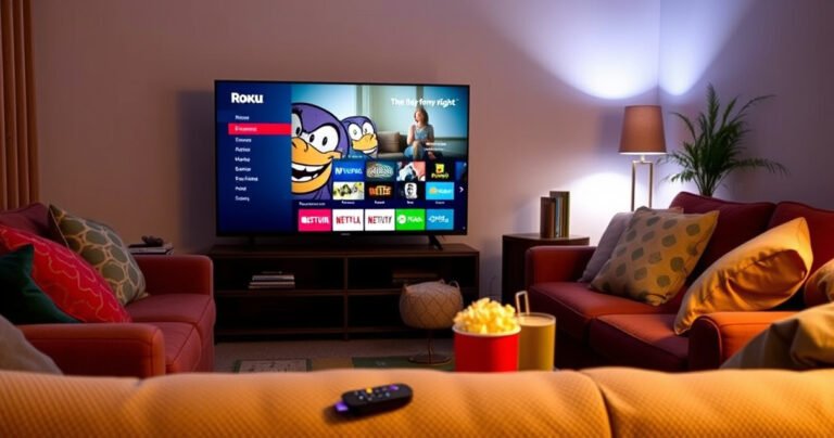 A cozy living room scene featuring a modern Roku TV displaying a vibrant streaming interface, surrounded by a plush sofa adorned with colorful cushions. Soft ambient lighting creates a warm atmosphere, while popcorn and drinks sit on a coffee table, inviting viewers to relax and enjoy a movie night at home.