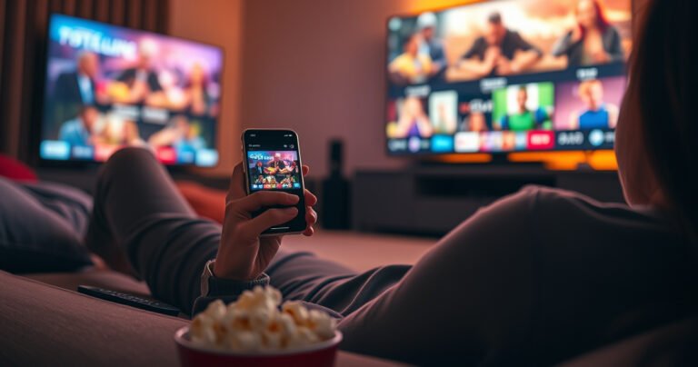 A cozy living room scene with a person lounging on a couch, holding an iPhone, engrossed in a colorful streaming show. The ambient light from the phone reflects on their face, surrounded by popcorn, a remote, and a large TV in the background displaying vibrant movie scenes. Warm tones create a relaxed atmosphere.
