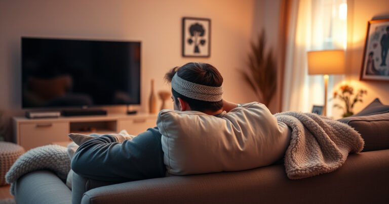 A cozy living room bathed in soft, warm light, featuring a plush sofa with a fluffy blanket, a large TV muted in the background, and a concerned individual wearing a headband, gently resting their head against a pillow, surrounded by calming nature-inspired decor, evoking a sense of safety, comfort, and cautious relaxation.