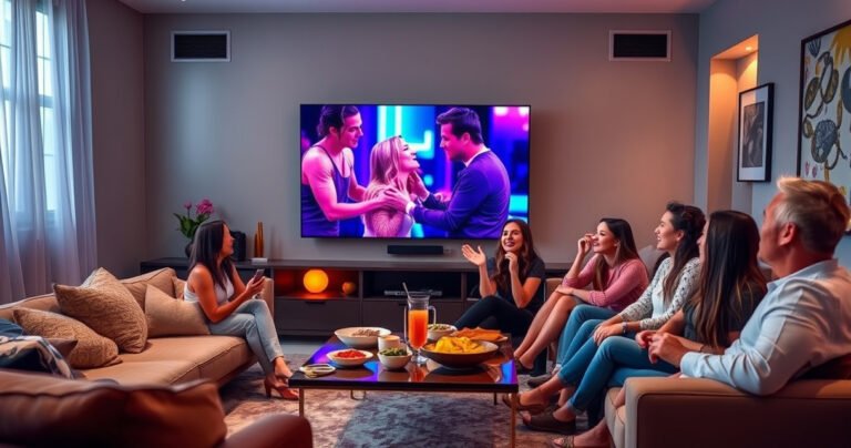 A cozy living room setting with a large TV displaying a vibrant scene from a romantic reality show. Soft lighting casts a warm glow, colorful snacks are scattered on a stylish coffee table, and a group of friends, excited and engaged, sit on a plush couch, immersed in the drama and romance unfolding on screen.