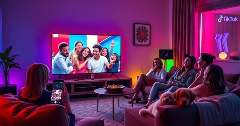 A cozy living room setting with a large smart TV displaying vibrant TikTok videos, a group of friends laughing and enjoying snacks on a stylish couch, colorful ambient lights illuminating the room, a smartphone casting content to the TV, and playful pets lounging nearby, capturing the essence of fun and modern entertainment.