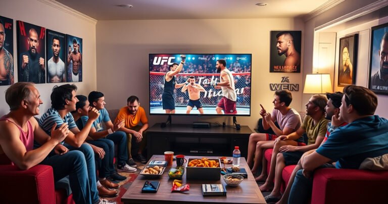 A vibrant living room scene with an excited group of friends gathered around a large TV, eagerly watching a dynamic UFC fight. Bright colors depict the energy of the match, snacks scattered on a coffee table, and a mix of expressions ranging from suspense to exhilaration. Posters of famous fighters adorn the walls, capturing the sports atmosphere.