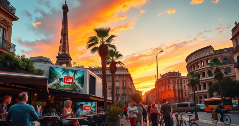A vibrant European cityscape at sunset, featuring a cozy café with patrons watching a large screen displaying YouTube TV. Iconic landmarks like the Eiffel Tower and Colosseum in the background, with colorful street life, bicycles, and palm trees. Warm hues of orange and pink in the sky, creating a lively yet relaxed atmosphere.