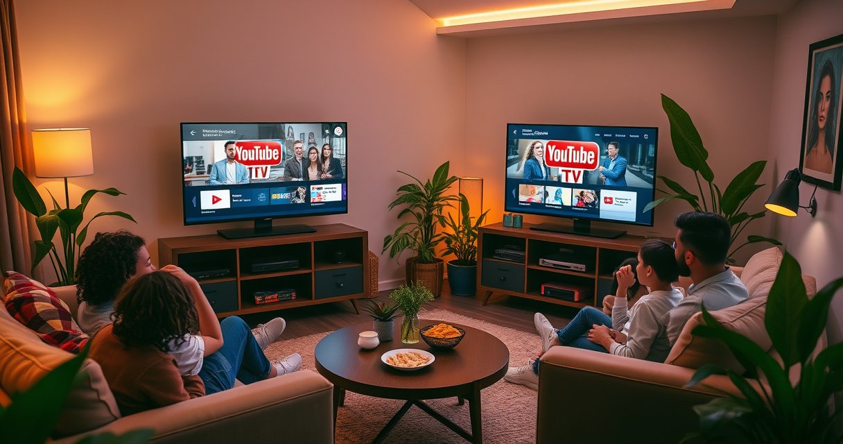 A cozy living room scene featuring two stylish TVs displaying different YouTube TV content, surrounded by comfortable sofas and a coffee table with snacks. Warm lighting creates an inviting atmosphere, while family members enjoy their shows together, showcasing the joy of shared entertainment. Decorate with vibrant plants and modern decor to enhance the lively ambiance.