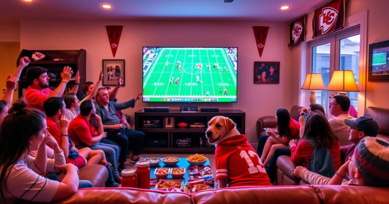 A cozy living room filled with excited fans, large flat-screen TV displaying a vibrant football game, colorful snacks scattered on the table, team banners hanging on the walls, and a dog wearing a Chiefs jersey, all illuminated by the warm glow of the television, capturing the thrill and camaraderie of game day.