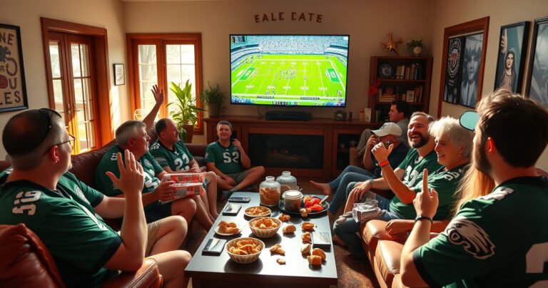 A cozy living room scene filled with excited fans, a large TV displaying a vibrant Eagles game, snacks scattered across a table, green jerseys and foam fingers, sunlight streaming through windows, and the unmistakable buzz of camaraderie and anticipation, creating an atmosphere of joy and team spirit.