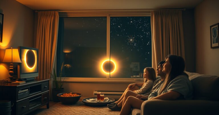A cozy living room bathed in soft, warm light, featuring a vintage television displaying a stunning solar eclipse. A family of four, eyes wide with wonder, sits on a plush sofa, adorned with snacks and drinks. Outside the window, a dark sky contrasts with twinkling stars, creating an enchanting atmosphere of celestial curiosity and togetherness.