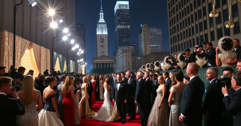 A glamorous evening scene of a lavish red carpet event, glimmering under dazzling spotlights, with elegantly dressed celebrities posing for photographers. Opulent fashion, intricate gowns, and sleek tuxedos surround a backdrop of shimmering skyscrapers, as excited fans and reporters capture the spectacle, embodying the essence of high society and the allure of the Met Gala.