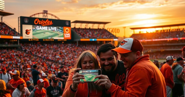 A vibrant scene of a packed baseball stadium under a golden sunset, fans wearing Orioles gear, cheering excitedly. Bright orange and black colors dominate, with a large scoreboard displaying "Orioles Game Live." In the foreground, a family huddles around a smartphone, streaming the game, their faces lit with anticipation. The atmosphere is electric, filled with camaraderie and excitement.