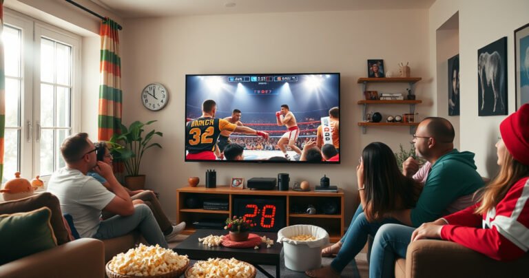 A vibrant living room scene with a large flat-screen TV displaying a thrilling boxing match, colorful decor, popcorn scattered around, and excited friends cheering, draped in team colors. Sunlight streams through the window, illuminating the atmosphere of anticipation and camaraderie, while a digital clock in the corner counts down to the fight.