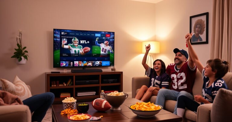 A cozy living room with a large flat-screen TV displaying NFL+ streaming interface, surrounded by snacks like popcorn and nachos, a football on the coffee table, and a family excitedly cheering in team jerseys. Soft lighting creates a warm atmosphere, emphasizing the thrill of game day and the joy of streaming sports together.