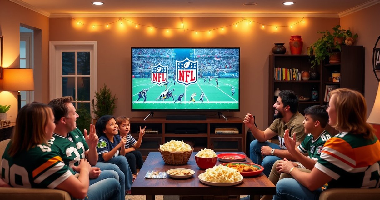 A cozy living room with a large smart TV displaying an NFL+ logo, surrounded by excited family members in team jerseys, popcorn and snacks on the table, a football game on the screen, warm lighting creating an inviting atmosphere, and a football-themed decor, capturing the thrill of game day togetherness.