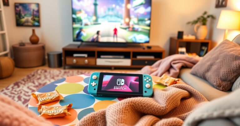 A cozy living room scene featuring a Nintendo Switch Lite on a colorful coffee table, surrounded by snacks and a cozy blanket. In the background, a large TV screen displays a vibrant gaming scene. Soft, warm lighting creates an inviting atmosphere, with plush cushions and a few game cartridges scattered around, emphasizing relaxation and fun.
