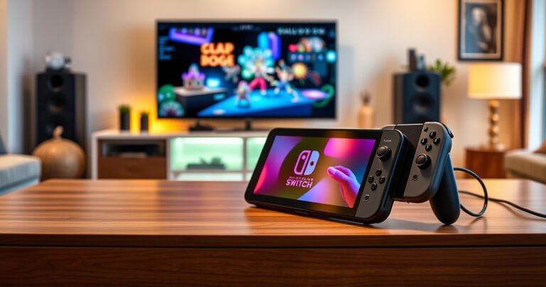 A sleek Nintendo Switch OLED console sits prominently on a modern living room table, vibrant screen glowing with colorful game graphics. A TV in the background displays a seamless connection, cables neatly organized. Soft warm lighting enhances the cozy atmosphere, inviting gamers to explore. Stylish decor hints at a tech-savvy home, perfect for gaming adventures.