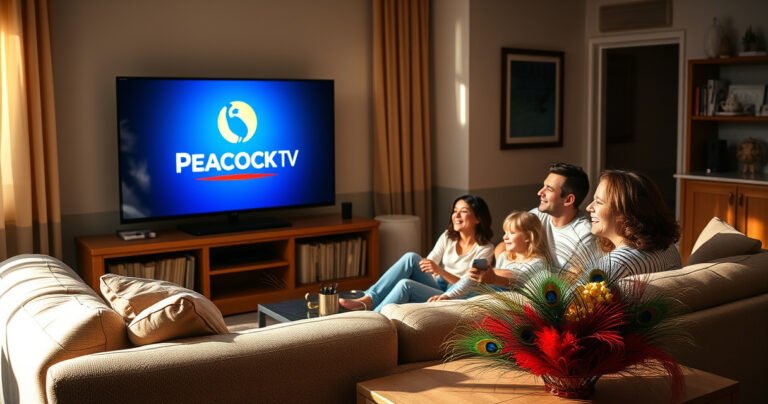 A cozy living room with a large TV displaying the Peacock TV logo, a family gathered on a plush sofa, sharing popcorn and laughter. Brightly colored peacock feathers are artistically arranged on a nearby table, enhancing the ambiance. Soft sunlight streams through the window, creating a warm, inviting atmosphere perfect for sharing entertainment moments.