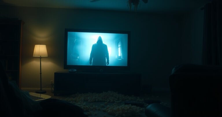 A dimly lit living room with a glowing television screen reflecting a mysterious figure lurking in the shadows, surrounded by eerie flickering light. The room is filled with scattered popcorn and an abandoned remote, while an unsettling tension hangs in the air, hinting at secrets hidden within the screen.
