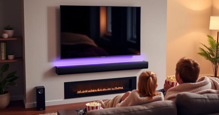 A sleek Samsung soundbar elegantly positioned beneath a modern flat-screen TV in a cozy living room. Soft ambient lighting highlights the soundbar's design, while a user-friendly remote control rests nearby. A family enjoys a movie night, showcasing the harmonious blend of technology and comfort, with popcorn and cozy blankets enhancing the inviting atmosphere.