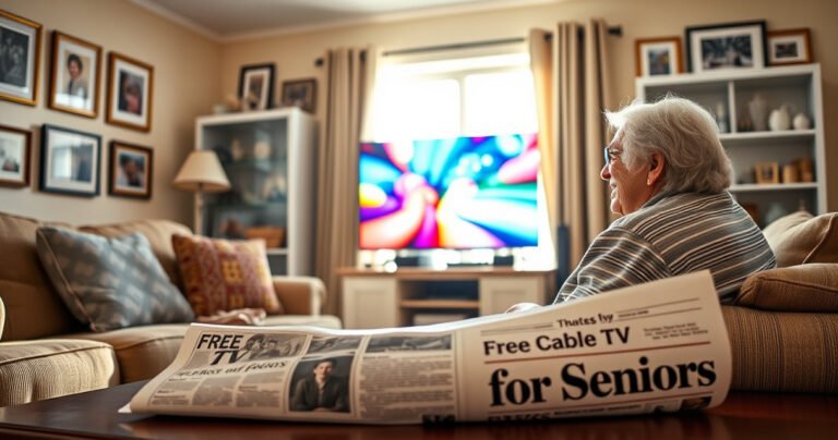 An elderly couple joyfully watching a colorful cable TV screen in their cozy living room, surrounded by framed family photos and comfy furniture. Sunlight filters through a window, illuminating their happy expressions. A newspaper with the headline "Free Cable TV for Seniors" lies open on a nearby coffee table, hinting at the article's theme.