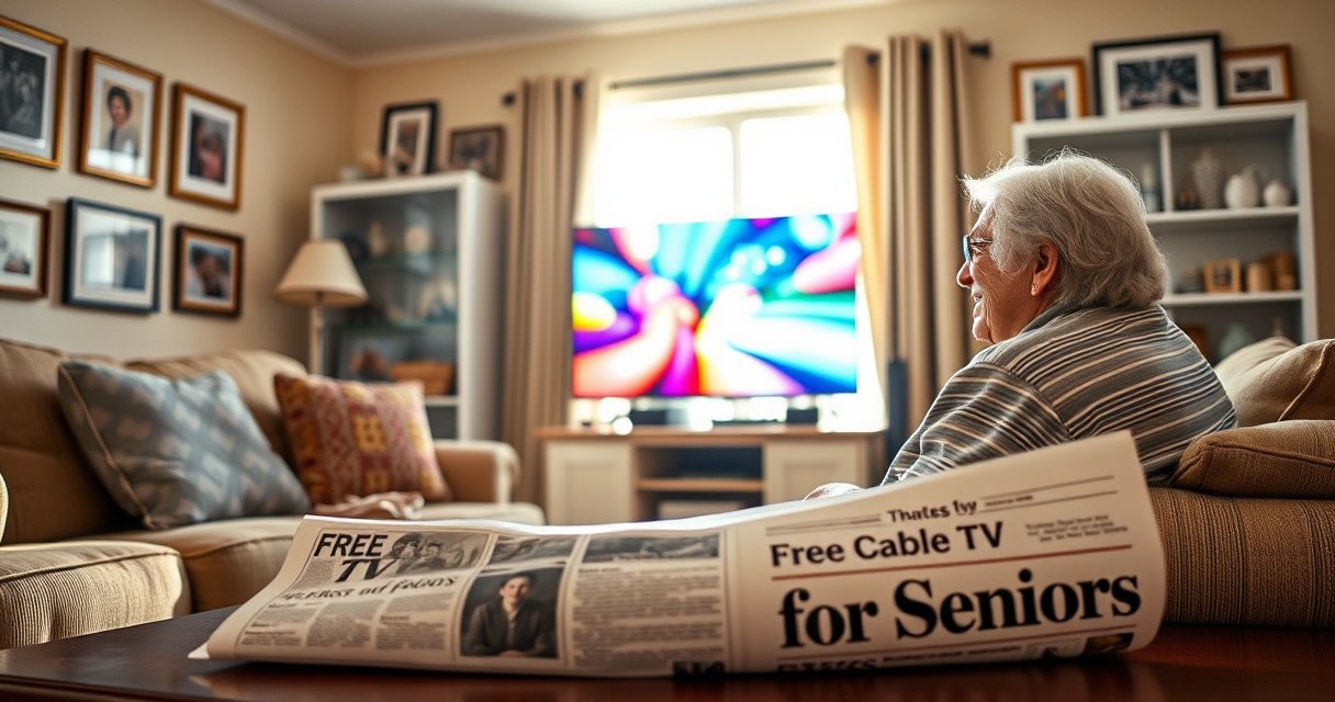 An elderly couple joyfully watching a colorful cable TV screen in their cozy living room, surrounded by framed family photos and comfy furniture. Sunlight filters through a window, illuminating their happy expressions. A newspaper with the headline "Free Cable TV for Seniors" lies open on a nearby coffee table, hinting at the article's theme.