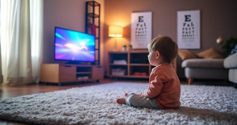 A cozy living room bathed in warm light, featuring a child sitting cross-legged on a plush carpet, intently watching a glowing TV screen. Bright colors from the screen reflect on their curious face, while a faint outline of an eye chart hangs on the wall, symbolizing concerns about eye health in a playful, engaging atmosphere.