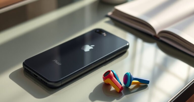 A sleek, modern iPhone resting on a stylish table, with vibrant Skullcandy earbuds nearby, showcasing their unique design. The scene features a soft, inviting light that highlights the earbuds' colors, and a hint of an open user guide peeking from the side, creating a sense of ease and accessibility in tech.
