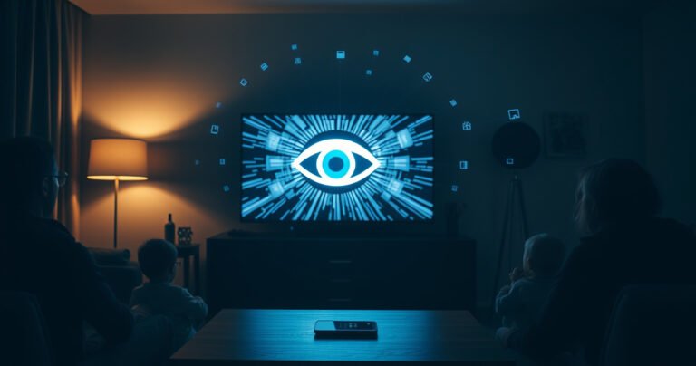 A dimly lit living room with a glowing Smart TV displaying a watchful eye symbol, surrounded by shadows of family members unaware. Subtle digital data streams swirl around, hinting at privacy invasion. A soft glow from a smartphone on a coffee table casts an uneasy atmosphere, evoking tension between technology and personal space.