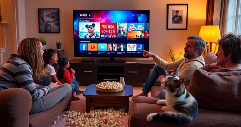 A cozy living room scene with a family gathered around a large screen, colorful YouTube TV interface displayed, popcorn scattered on the floor, a cat lounging on a couch, warm lighting creating an inviting atmosphere, while a curious child points at the screen, suggesting shared viewing and connection, embodying the essence of digital family entertainment.