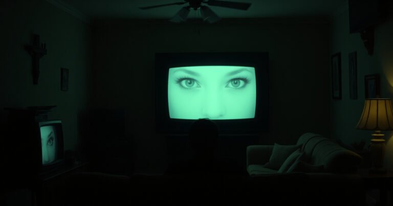 A dimly lit living room with a vintage television casting an eerie glow, reflecting ghostly silhouettes of eyes peering from the screen. Shadows dance on the walls, creating an unsettling atmosphere. A lone figure sits on the couch, captivated yet unnerved, surrounded by flickering shadows, as the room whispers secrets of surveillance and hidden watchers.