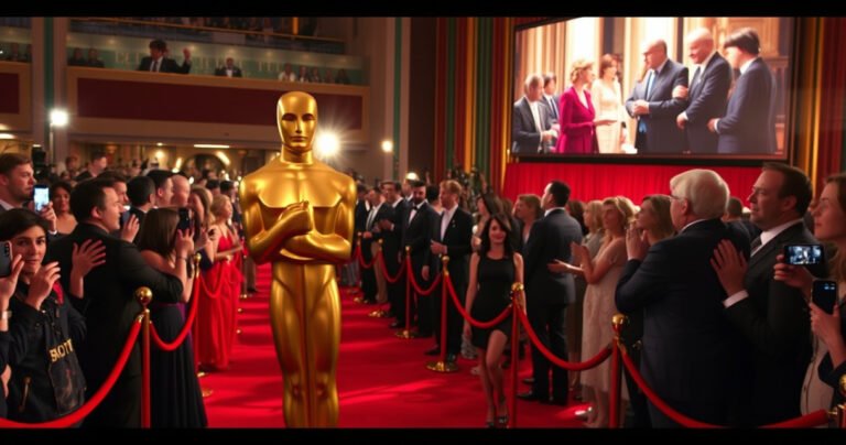 A glamorous red carpet scene filled with excited fans and flashbulbs, featuring a golden Oscar statue prominently in the foreground. In the background, actors in elegant attire engage in animated conversations, with a large TV screen displaying iconic scenes from beloved shows, showcasing the intersection of television and cinema in a celebratory atmosphere.