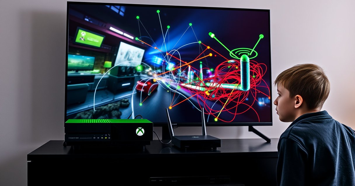 An Xbox One console sits elegantly on a sleek black entertainment center, glowing with vibrant green lights. A modern flat-screen TV displays a dynamic gaming scene, surrounded by tangled wires transformed into a chaotic, colorful web. A wireless router beams signal waves, symbolizing connectivity, while a curious gamer peers intently from the side, contemplating the possibilities.