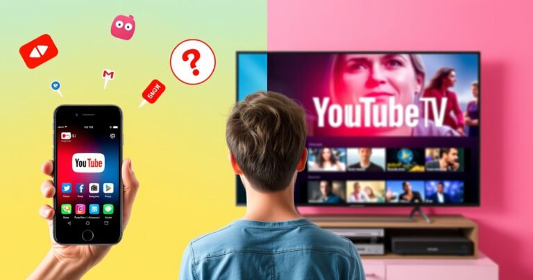 A split-screen image showcasing a vibrant smartphone displaying the YouTube app on one side, and a large TV screen streaming YouTube TV on the other. Bright colors and playful icons surround the devices, with a curious viewer in the center, pondering the seamless connection between mobile and smart TV for enhanced entertainment.
