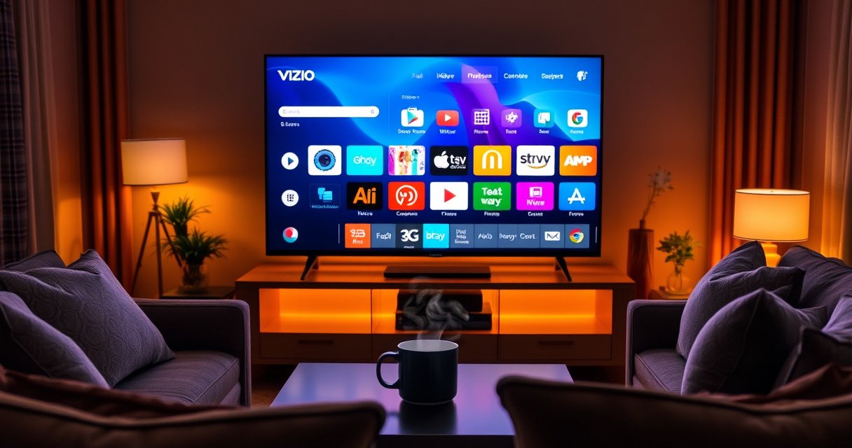 A sleek Vizio Smart TV glowing in a cozy living room, displaying a vibrant app store interface filled with colorful app icons. Surrounding the TV, a comfy couch adorned with soft cushions, a coffee table with a steaming mug, and warm ambient lighting creating an inviting atmosphere for tech-savvy viewers.