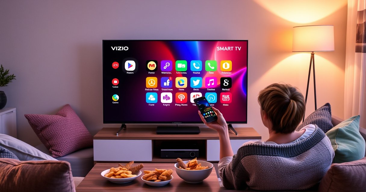A modern Vizio Smart TV displayed in a cozy living room, vibrant apps icons glowing on the screen, a curious person holding a smartphone, surrounded by a soft glow of ambient lighting, plush cushions, and a coffee table filled with snacks, creating a warm and inviting atmosphere of tech exploration and comfort.