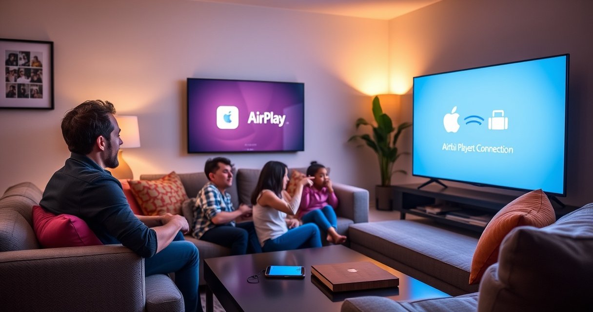 A cozy living room with a stylish Vizio TV displaying a vibrant AirPlay connection screen. A family gathers on a plush sofa, excitedly pointing at the screen, while a sleek smartphone rests on a coffee table. Soft ambient lighting and colorful pillows create a warm atmosphere, inviting viewers into the world of seamless streaming.