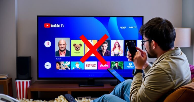 A colorful digital collage depicting a smart TV screen displaying the YouTube TV interface, with vibrant channel icons being blocked out by a large red "X". Surrounding the TV, a person in casual attire looks thoughtfully at a smartphone, surrounded by scattered remote controls, popcorn, and a cozy living room setting.